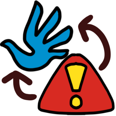 the human rights emblem (a blue handprint shaped like a dove) with a red ttriangle, containing a yellow exclamation mark, below it. two arrows point from the triangle to the human rights emblem